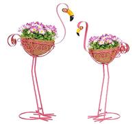 Kikth Lot de 2 Pots de Fleurs de Jardin en Forme de Flamant Rose avec Panier, Pot de Fleurs en métal pour Jardin, Cour, pelouse, Patio, Porche