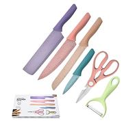 Kikumi 6pcs Couteaux en Acier Inoxydable Ensemble avec Revêtement de Paille de blé Poigure de Couteaux de Couteaux de Cuisine Tout Usage avec Ciseaux éplucheurs (avec boîte- 1,0 épaisseur)