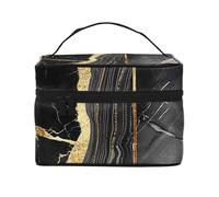 Kilauea Trousse de maquillage pour homme et femme Motif volcan Grande ouverture portable avec poignée, Texture marbre doré et noir, Taille unique, Trousse de maquillage