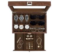 KILHS Boîte à montres, 6 emplacements pour montre, 3 compartiments Organisateur de lunettes, boîte à bijoux pour homme avec couvercle en verre transparent, double couche avec serrure adeau