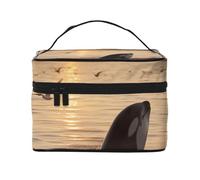 Killer Whale Under Sunset Prints Trousse de maquillage de voyage portable avec poignée pour femmes et filles, Noir , Taille unique, Trousse de maquillage