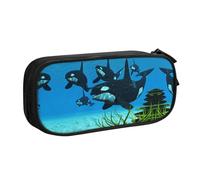 Killer Whales Swim Along Trousse à crayons double couche de grande capacité personnalisable en tissu polyester imprimé complet pour école, bureau, voyage, Noir , Taille unique