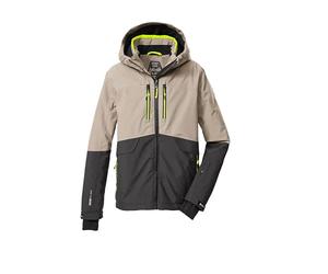 killtec Garçon Veste de ski/fonctionnelle avec capuche et jupe pare-neige KSW 201 BYS SKI JCKT, hellsand/dunkelstein/neongelb, 116, 43468-000