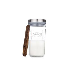 Kilner Kéfir Bocal de 0,5 l à large ouverture avec couvercle en silicone et cuillère à mesurer en bois de hêtre et couvercle en acier inoxydable pour faire des boissons probiotiques