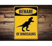 KILSPU Plaque vintage en métal avec inscription « Dinosaures Beware » - Panneau d'avertissement en forme de dinosaure - Panneau antique en métal de qualité - 20,3 x 30,5 cm