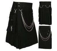 Kilt écossais pour homme, jupe cargo gothique à plis, jupe vintage médiévale traditionnelle écossaise en cerf, denim noir, tartan irlandais, kilt moderne, T noir., L