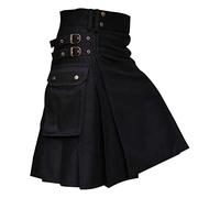 Kilt écossais pour homme - Style vintage - Style gothique punk - Mode - À carreaux - Classique - Décontracté - Avec poches - Bouton de poche - Jupe plissée - Pour homme, Noir , M