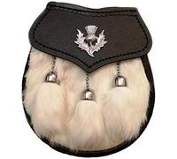 Kilt Sporran Robe complète en cuir pur avec chardon et 3 pompons Blanc/blanc cassé