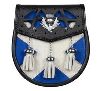 Kilt Sporran semi-robe pour homme - Cuir noir de qualité supérieure - Motif drapeau de l'Écosse avec ceinture en chaîne - Sporran traditionnel écossais, Noir , Taille unique, Trinity Sporran Drapeau