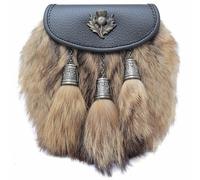 Kilt Sporran traditionnel écossais - Emblème de chardon Highland, rabat en cuir et 3 pompons, élégant et fabriqué à la main avec ceinture en chaîne, Noir , Standard, Chardon - Fourrure marron