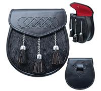 Kilt Sporran traditionnel écossais en cuir noir avec 3 pompons - Sporrans de kilt pour homme - Parfait pour les tenues Highland, Noir , Large