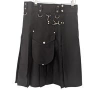 Kilt utilitaire gothique pour homme en mélange de coton noir, design plissé avec poches cargo et anneaux en D, Noir , 46 inches / 117 cm