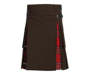 Kilt utilitaire hybride, en coton marron avec plis multi-tartan LGBT PRIDE, poches cargo, sangles en cuir, hauteur de 61 cm, marron, 38 inches / 96 cm