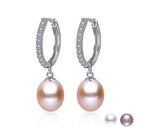 Kim Johanson Boucles d'oreilles Nora pour femme en argent sterling 925 avec véritables perles d'eau douce blanches, roses ou violettes et pierres de zircone - Avec pochette à bijoux, Perles d'eau