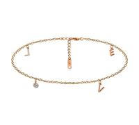 Kim Johanson® Bracelet de cheville en acier inoxydable pour femme « Love » en or rose | Chaîne de cheville avec pois et lettres en zircone scintillants | Imperméable | Bracelet de cheville | Bijou