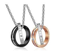 Kim Johanson Paire de colliers « Amour éternel » en or rose et noir en acier inoxydable pour amoureux avec double anneaux et gravure avec pochette à bijoux