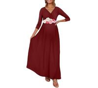 Kim S Robe Maxi de maternité froncée avec Ceinture à Fleurs, col en V, Robe de fête prénatale, Tailles S à 3XL, Bordeaux, Taille L