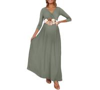 KIM S Robe Maxi de maternité froncée avec Ceinture à Fleurs, col en V, Robe de fête prénatale, Tailles S à 3XL, Vert, XX-Large