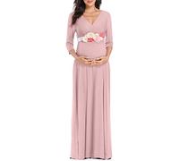 Kim S Robe Maxi de maternité froncée avec Ceinture à Fleurs, col en V, Robe de fête prénatale, Tailles S à 3XL, Rose, Taille M