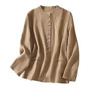 KIMCCI Blazer pour femme, blazer en coton et lin, veste d'été à manches longues, cardigan folk-personnalisé, sans col, blazer décontracté pour femme, veste de costume légère et translucide