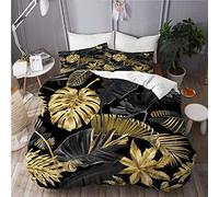 KIMDFACE Parure de lit,Feuilles Tropicales Or et Noires sur Fond Sombre,Housse de Couette en Microfibre 240x260 cm+2 taies d'oreillers 50x75cm