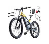 KIMDYMA K01 Vélo électrique tout suspendu 27,5 pouces, moteur 1000W, batterie 20AH, freins hydrauliques, 9 vitesses, jaune