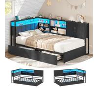 KIMENICH Canapé lit 90 x 200 avec 2 Tiroirs, Lit 90x200 avec Éclairage LED Réglable, Multiprise, 5 Niches Ouvertes, Compartiment Caché, Armoire avec Porte, Tête de Lit Capitonnée en Lin Gris, Noir