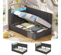 KIMENICH Canapé lit 90 x 200,lit avec sommier, Lit hydraulique avec éclairage LED, Multiprise, Tête de lit avec Rangement caché, côtés rembourrés, pour Chambre, Chambre d'amis,Gris