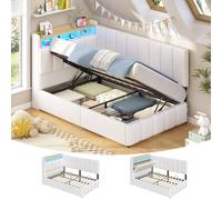 KIMENICH Canapé lit 90 x 200,lit avec sommier, Lit hydraulique avec éclairage LED, Multiprise, Tête de lit avec Rangement caché, côtés rembourrés, pour Chambre, Chambre d'amis,PU Blanc