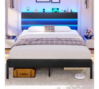 KIMENICH Lit 140x190 avec Sommier Métal, Lit Double avec 3 Rubans LED Réglables et Multiprise, Cadre de Lits avec Étagère Ouverte et Rangement sous Le Sommier 140x190, sans Matelas, Noir