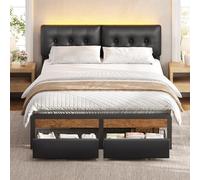 KIMENICH Lit 140x200 avec Sommier et Éclairage LED, Lit Double 140x200 avec 2 Tiroirs, Cadre de Lits avec Sommier à Latte en Métal, Tête de Lits Réglable en 3 Hauteurs, Capitonnée en PU Noir