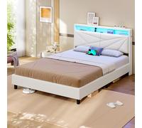 KIMENICH Lit 140x200 avec Sommier, Lit Double avec LED Réglable et Multiprise, Étagères Ouvertes et Rangement sous Sommier, Cadre de Lits 140x200 Capitonné, PU Blanc