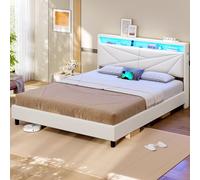 KIMENICH Lit 160x200 avec Sommier, Lit Double avec LED Réglable et Multiprise, Étagères Ouvertes et Rangement sous Sommier, Cadre de Lits 160x200 Capitonné, PU Blanc