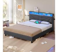 KIMENICH Lit 160x200 avec Sommier, Lit Double avec LED Réglable et Multiprise, Étagères Ouvertes et Rangement sous Sommier, Cadre de Lits 160x200 Capitonné, Lin Gris