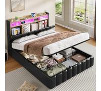 KIMENICH Lit Coffre 140 x 190 à LED, Lit Hydraulique avec Étagères Ouvertes et Rangement Caché en Tête de Lit Capitonné, lit 2 Personnes avec Lattes en Bois, Lits 140 x 190 avec Sommier en PU Noir