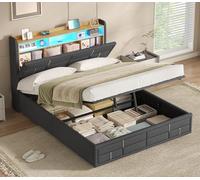 KIMENICH Lit Coffre 140x200 à LED avec Multiprise, Lit 140x200 avec Sommier à Lattes en Bois avec 2 Étagères Ouvertes, Compartiment Caché dans la Tête de Lits, Lits 2 Personnes Capitonnée en Lin Gris
