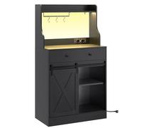 KIMENICH Meuble de Rangement Cuisine, Buffet avec LED et Multiprise, Plan de Travail, Grand Tiroir, Étagères Réglables, 3 Crochets, Armoire de Rangement pour Cuisine, Salon, Salle à Manger, Noir