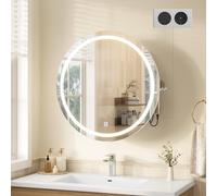 KIMENICH Miroir Coffre LED Rond, Meuble Miroir de Salle de Bain avec Lumière, Support Sèche-Cheveux & Multiprise Intégrée, Rangement Caché, Éclairage Tactile, Pose Murale ，Design Moderne