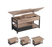 KIMENICH Table Basse Relevable, Table à Manger avec Plateau Pliant, avec 2 Tiroirs, avec Étagère de Rangement et Compartiment Caché, Tables Basse Extensible 3 en 1 pour Salon, Bureau (Marron Camel)
