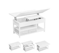 KIMENICH Table Basse Relevable, Table à Manger avec Plateau Pliant, avec 2 Tiroirs, avec Étagère de Rangement et Compartiment Caché, Tables Basse Extensible 3 en 1 pour Salon, Bureau (Blanc)