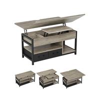 KIMENICH Table Basse Relevable, Table à Manger avec Plateau Pliant, avec 2 Tiroirs, avec Étagère de Rangement et Compartiment Caché, Tables Basse Extensible 3 en 1 pour Salon, Bureau (Gris)