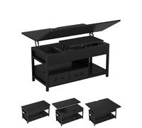 KIMENICH Table Basse Relevable, Table à Manger avec Plateau Pliant, avec 2 Tiroirs, avec Étagère de Rangement et Compartiment Caché, Tables Basse Extensible 3 en 1 pour Salon, Bureau (Noir)
