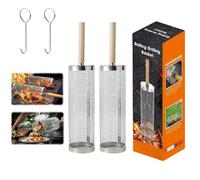 kimeo GrillMaster - Paniers inox pour cuisson au barbecue 2 pièces avec poignées en bois, pour légumes et poissons, accessoires pratiques pour grill extérieur, facile à nettoyer