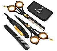 KIMEX LONDON Ensemble de ciseaux de coiffure professionnels en acier inoxydable, ensemble complet de ciseaux + ciseaux à effiler + peignes à cheveux + étui en cuir