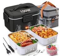 Kimfead Gamelle Chauffante 1,8Lx2 100W Lunch Box Chauffante Boite Chauffante Repas Acier Inoxydable Détachable pour Voiture Camion Bureau 12V/24V/230V avec Sac(1.8L-Noir)