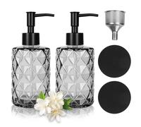 KIMIGO 2 Distributeur de Savon Noir Verre,330ml Distributeur Savon pour Cuisine/Salle de Bain,Flacon Pompe Vide Rechargeable avec Entonnoir en Acier Inoxydable et 2 sous-Verres,pour Lotion Liquide