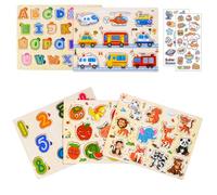 KIMIGO 5 pcs Puzzles en Bois pour Enfants,Puzzles Jouet Éducatif Montessori,Puzzle en Bois Bébé,Alphabet Nombre Forme Véhicules Fruit Animal Jeuets Educatifs Apprentissage pour Bébés 1 2 3 Ans