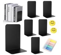 KIMIGO 6 Pièces Serre Livres en Métal,Serre-Livres pour étagères,avec Tapis antidérapant,21 × 13.5 × 9 cm, équipé de 2 aimants et de Papier adhésif, idéal pour l'école, Le Bureau et la Maison (Noir)