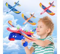 KIMIGO Avion Planeur en Polystyrène avec Pistolet Catapulte LED - 3 Avions Jouets Volants pour Enfants 3-10 Ans, Jeux de Lancer Extérieur Cadeau Anniversaire Garçon Fille