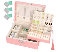 KIMIGO Boite à Bijoux 2 Couches,Boite a Bijoux pour Femme Verrouillable Boîte de Bijoux de Rangement avec Plateau amovible 3chiffon d'essuyage argenté pour Bagues, Colliers,Bracelets